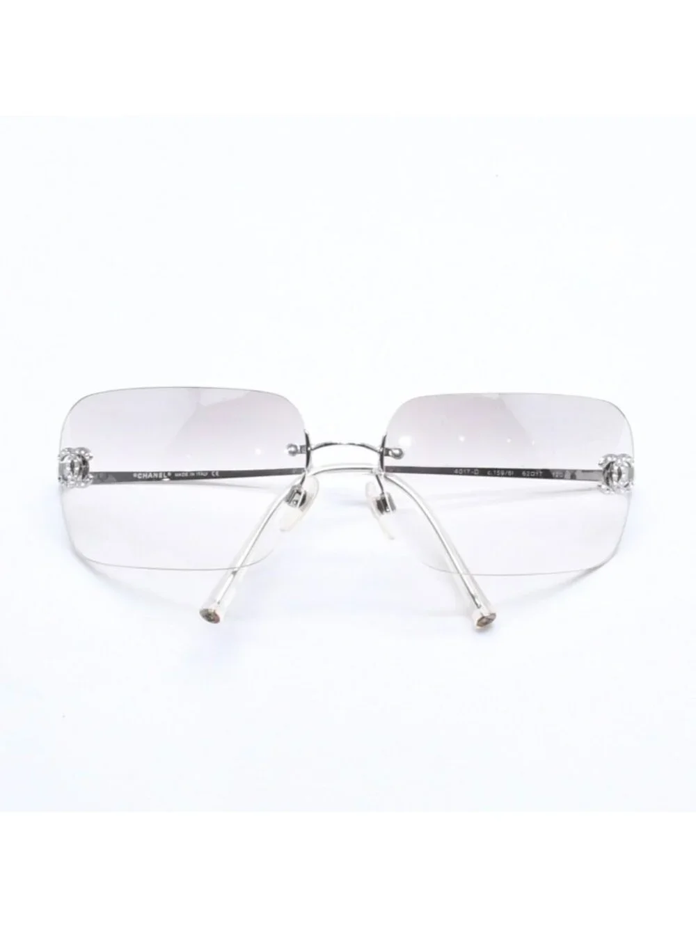 Chanel Rimless Sunglasses CC Logo Rhinestone Gray Gradation Lens Silver Eyewear